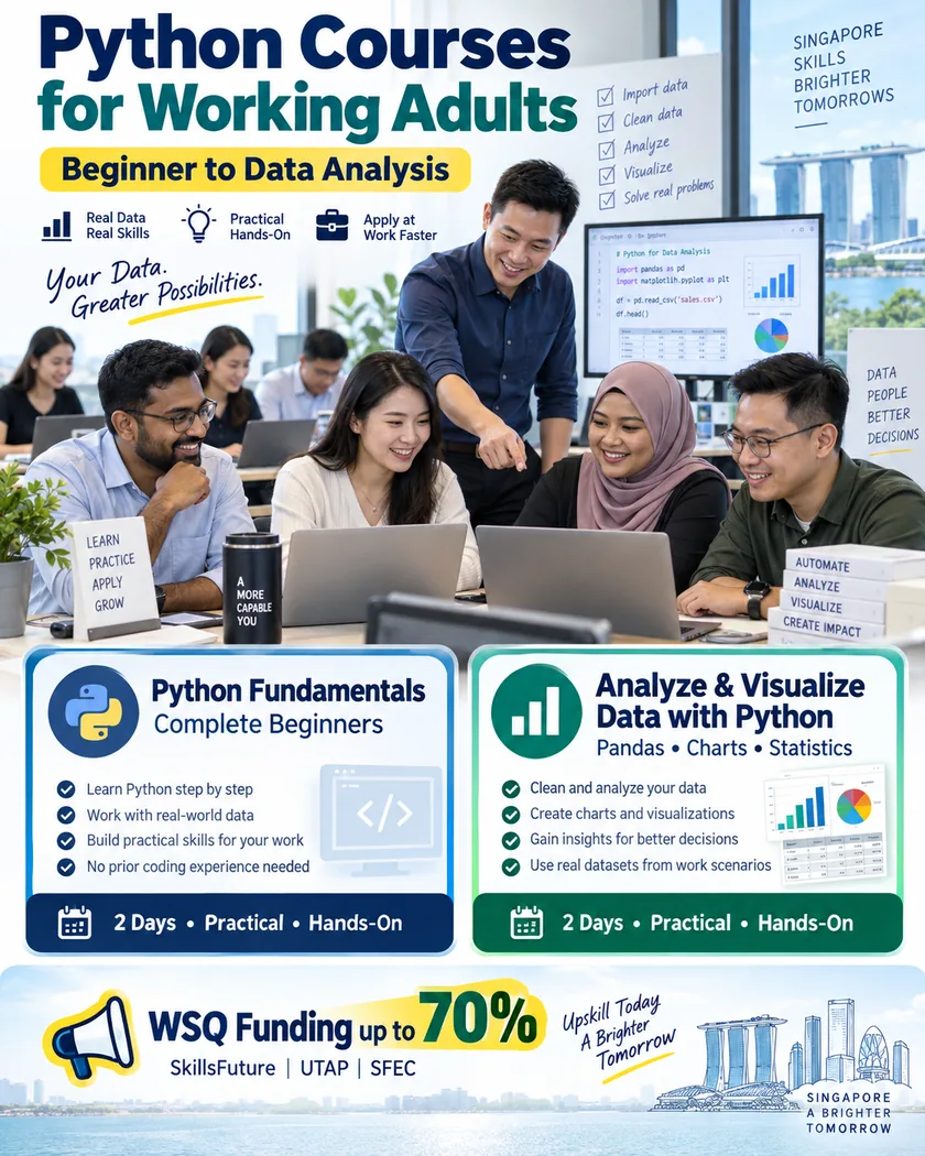 Python courses for working adults in Singapore &mdash; hands-on training with WSQ funding.